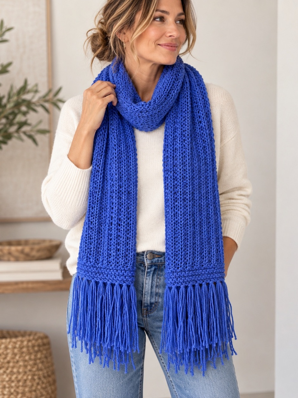 Handmade Cobalt Blue Knit Fringe Scarf
